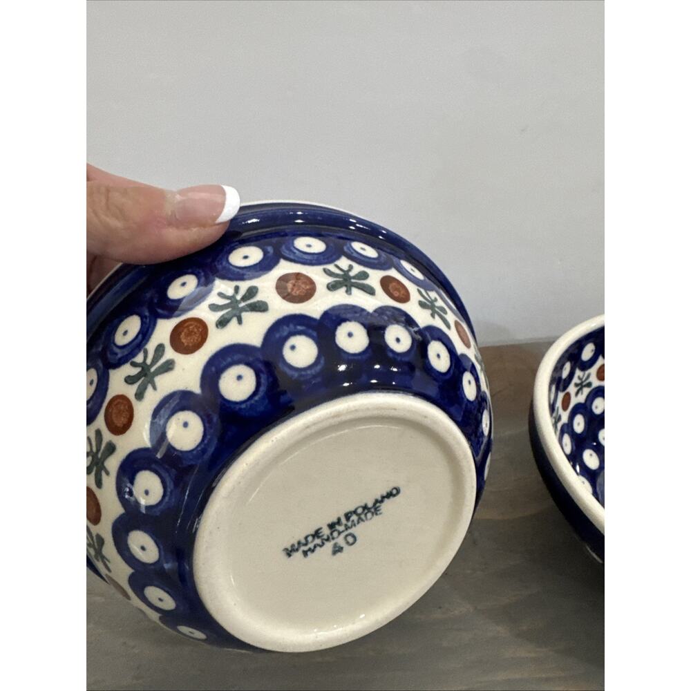 Polish Pottery Bowl- Set Of 2- Blue/White Nature 6in Wide/2.5in Tall Stackable - Picture 7 of 12